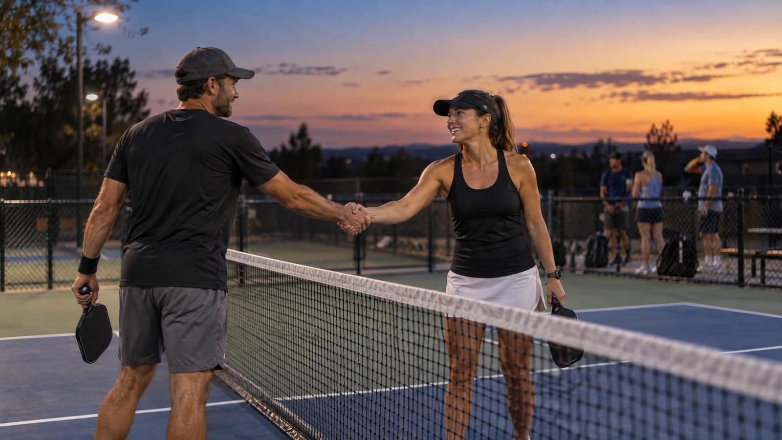 Two players shaking hands across a pickleball net at sunset
